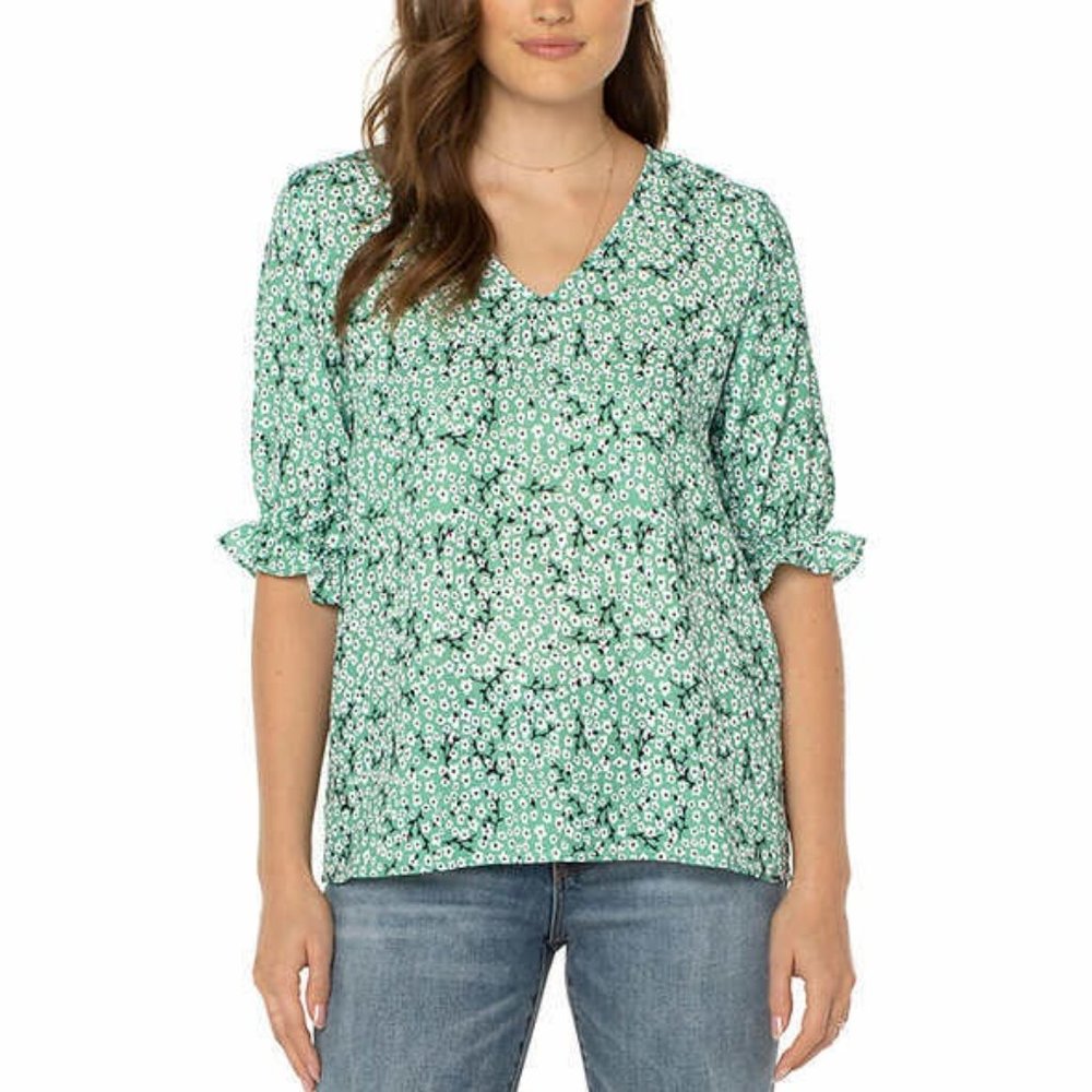 NWT Well Worn Women's Elbow Sleeve V Neck Blouse Blue Floral Size M $60 3HL206